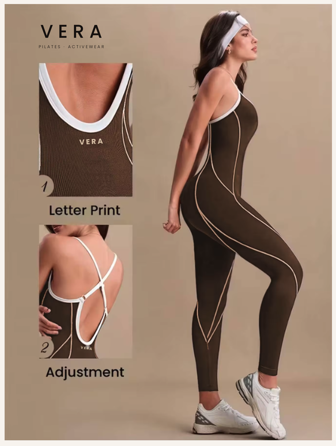 Women'S Brown Tummy Control Yoga Jumpsuit Compression Fit Open Back Cross Strap Workout Bodysuit