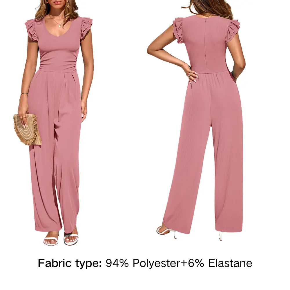Elevate Your Spring Wardrobe with the Prettygarden Dressy Ruffle Cap Sleeve V Neck Ribbed Knit Wide Leg Jumpsuit for Women