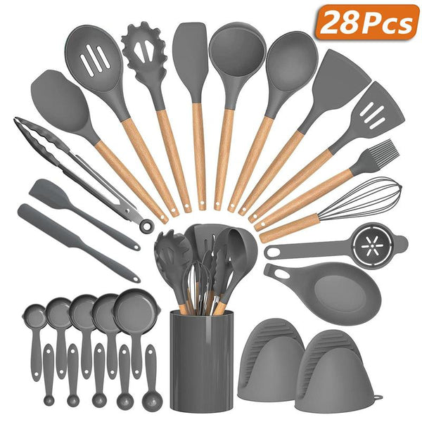 Cookware Set, Silicone Cooking Utensils Set, Including Spatula, Cooking Shovel, Spoon, Whisk, Colander, Summer Light Wooden Handle Cooking Utensils