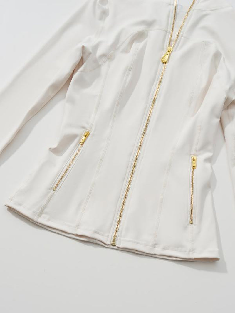 Elevate Your Style with Our Soft Brushed Sporty Jacket and 25'' Inseam Leggings Set - Featuring Golden Zipper and Gardenia Fragrance!