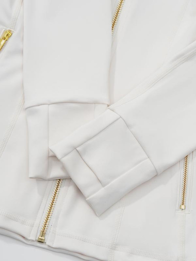 Elevate Your Style with Our Soft Brushed Sporty Jacket and 25'' Inseam Leggings Set - Featuring Golden Zipper and Gardenia Fragrance!