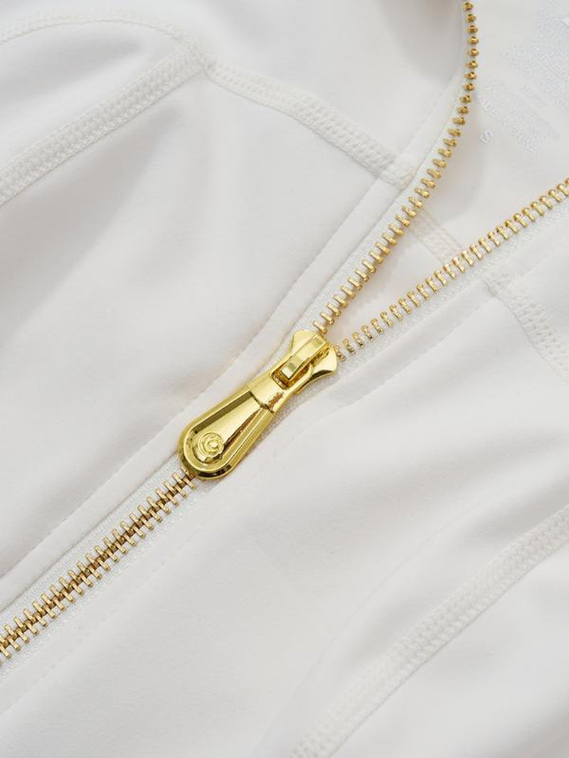 Elevate Your Style with Our Soft Brushed Sporty Jacket and 25'' Inseam Leggings Set - Featuring Golden Zipper and Gardenia Fragrance!