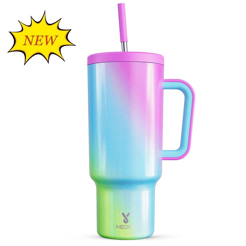 Meoky Large-Capacity Stainless Steel Car Cup, Reusable Stainless Steel Straw, Anti-Slip and Noise-Reducing Silicone Pad, Tumbler Travel Mug/Cold Water for 24 Hours or Hot Water for 8 Hours,Suitable for Sports, Office, Christmas Gifts