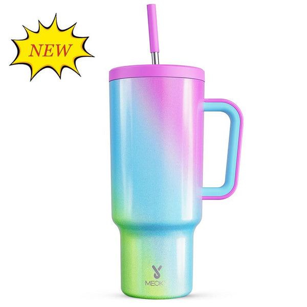 Meoky Large-Capacity Stainless Steel Car Cup, Reusable Stainless Steel Straw, Anti-Slip and Noise-Reducing Silicone Pad, Tumbler Travel Mug/Cold Water for 24 Hours or Hot Water for 8 Hours,Suitable for Sports, Office, Christmas Gifts
