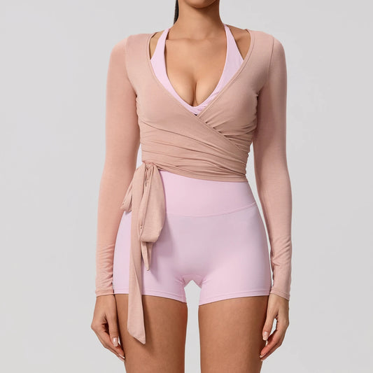 Hearuisavy Summer Women'S Yoga Shirt Long Sleeve Sportswear Gym Breathable Quick Dry Sports Top Pilates Dance Ballet Wrap Tops