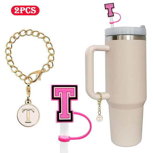 Letter Pattern Tumbler Charm & Straw Topper, 2 Counts Straw Cover with Name Tag, Stylish Cup Accessories, Letter Pendant & Straw Toppers for Water Bottle, Back to School Essentials, Fall for Gift, Kitchen Gadgets