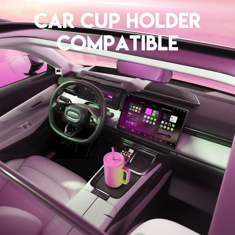 Meoky Large-Capacity Stainless Steel Car Cup, Reusable Stainless Steel Straw, Anti-Slip and Noise-Reducing Silicone Pad, Tumbler Travel Mug/Cold Water for 24 Hours or Hot Water for 8 Hours,Suitable for Sports, Office, Christmas Gifts