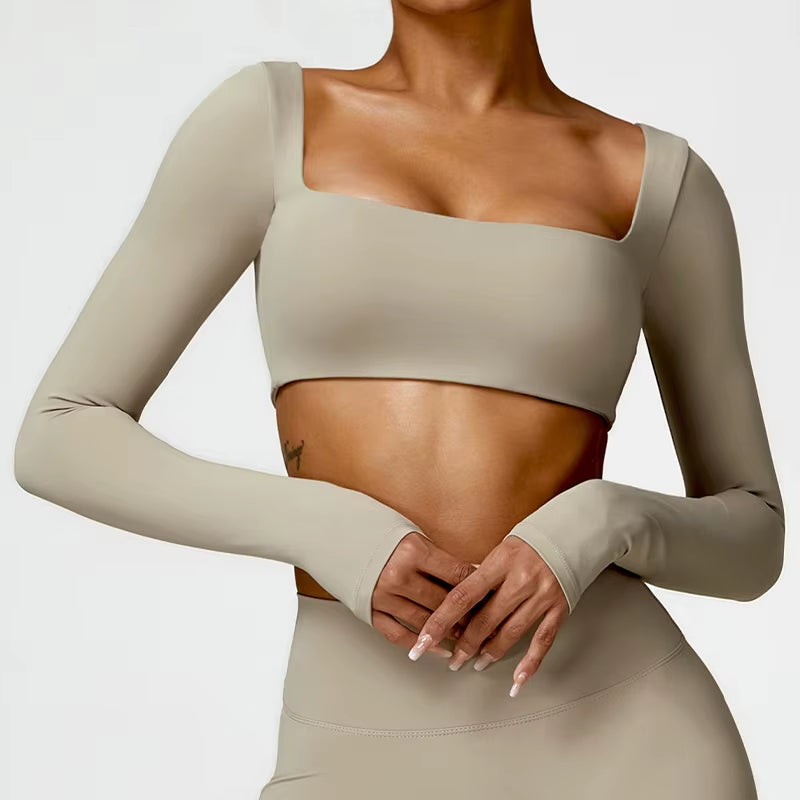 Elevate Your Workout with Hearuisavy Women's Quick Dry Square Neck Gym Top - Stylish Long Sleeve Yoga Crop Top for Fitness Enthusiasts