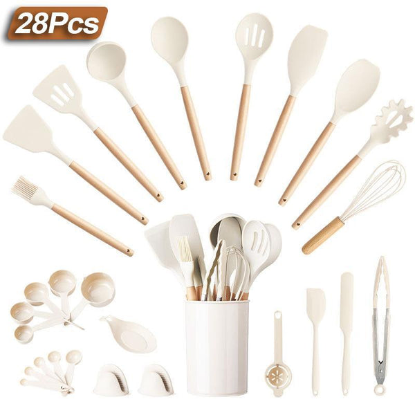 Cookware Set, Silicone Cooking Utensils Set, Including Spatula, Cooking Shovel, Spoon, Whisk, Colander, Summer Light Wooden Handle Cooking Utensils