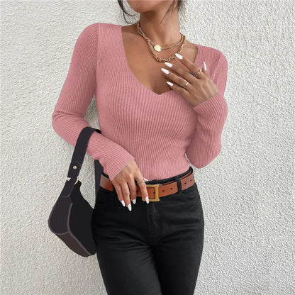 Elevate Your Autumn Wardrobe with the 2026 Women’s Solid Rib Knit V-Neck Pullover Sweater - Trendy Y2K Style with Long Sleeves