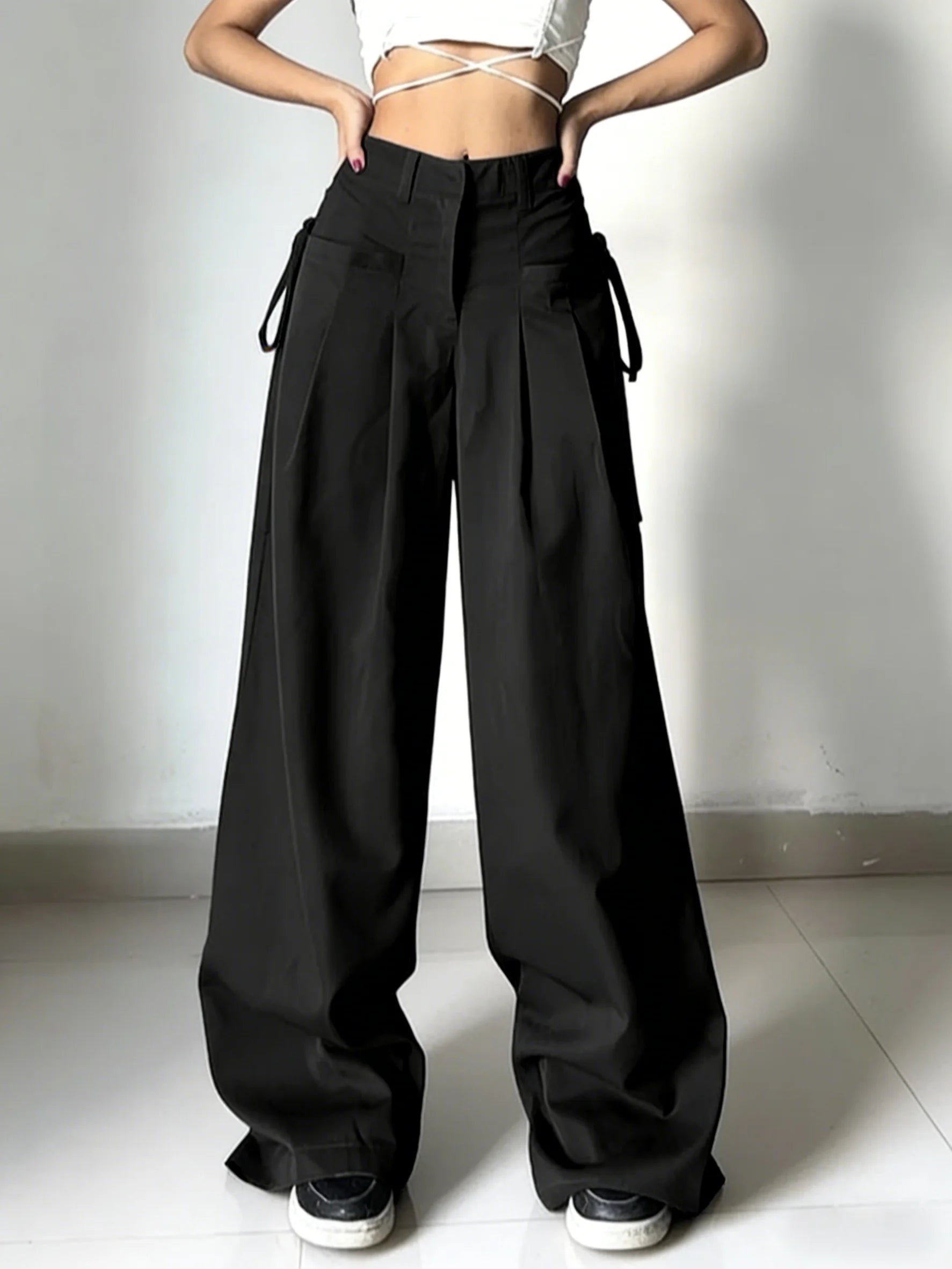 Elevate Your Style with Our Women's Black High Waist Pleated Wide Leg Pants – Perfect for Casual Streetwear and Office Chic!