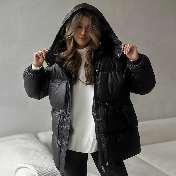 Chic Women's Hooded Cotton Short Jacket - Stylish Zippered Long Sleeve Coat for Winter 2025