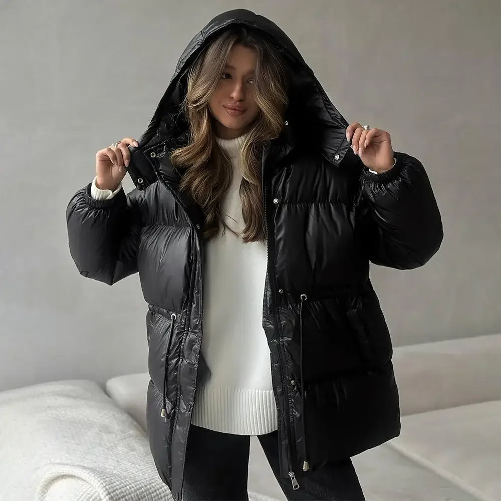 Chic Women's Hooded Cotton Short Jacket - Stylish Zippered Long Sleeve Coat for Winter 2025