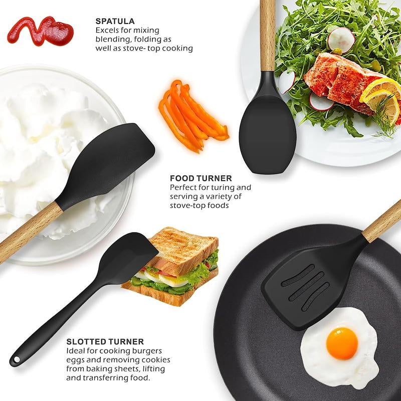 Cookware Set, Silicone Cooking Utensils Set, Including Spatula, Cooking Shovel, Spoon, Whisk, Colander, Summer Light Wooden Handle Cooking Utensils