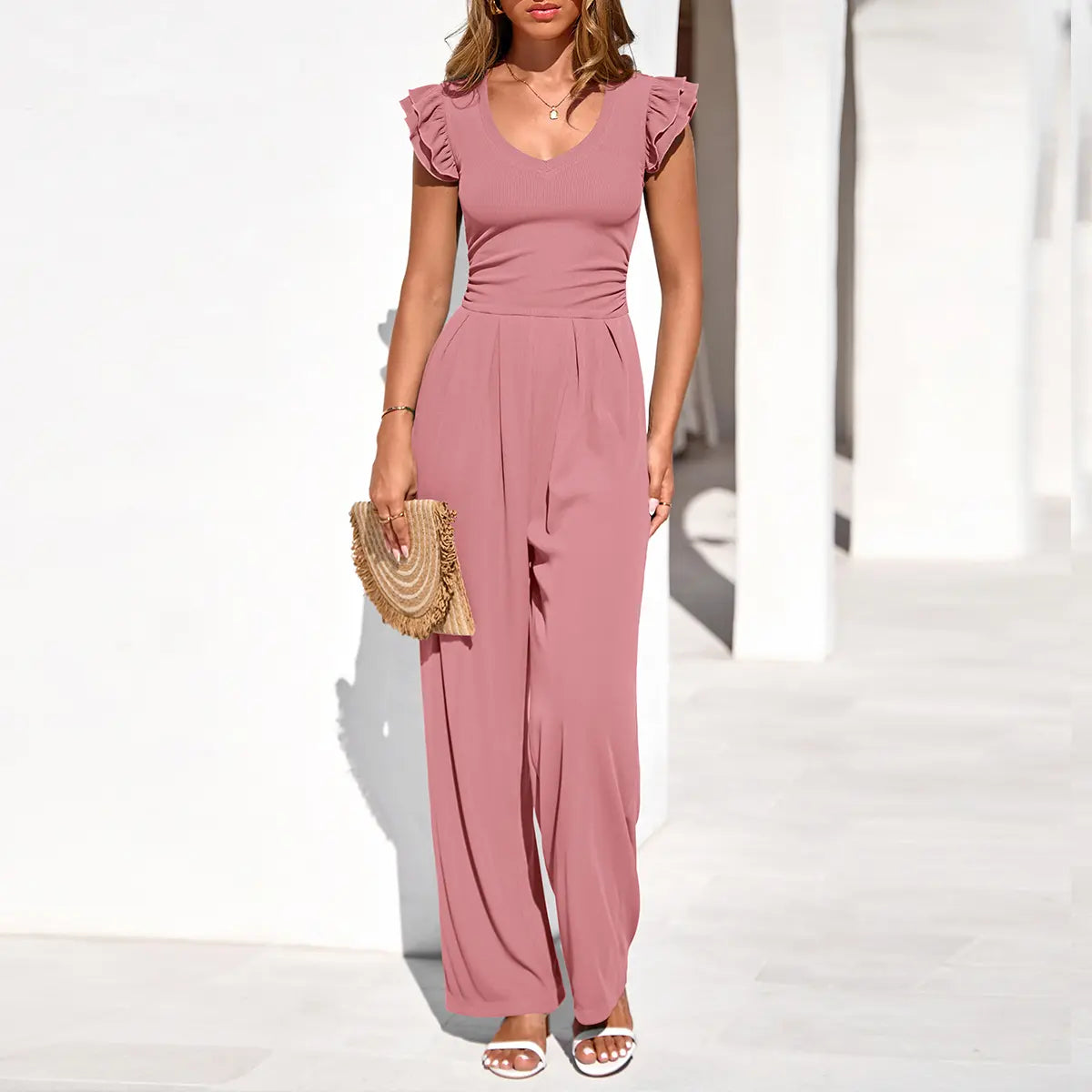 Elevate Your Spring Wardrobe with the Prettygarden Dressy Ruffle Cap Sleeve V Neck Ribbed Knit Wide Leg Jumpsuit for Women