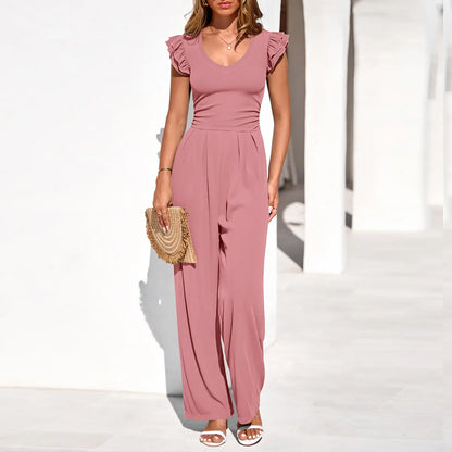 Elevate Your Spring Wardrobe with the Prettygarden Dressy Ruffle Cap Sleeve V Neck Ribbed Knit Wide Leg Jumpsuit for Women