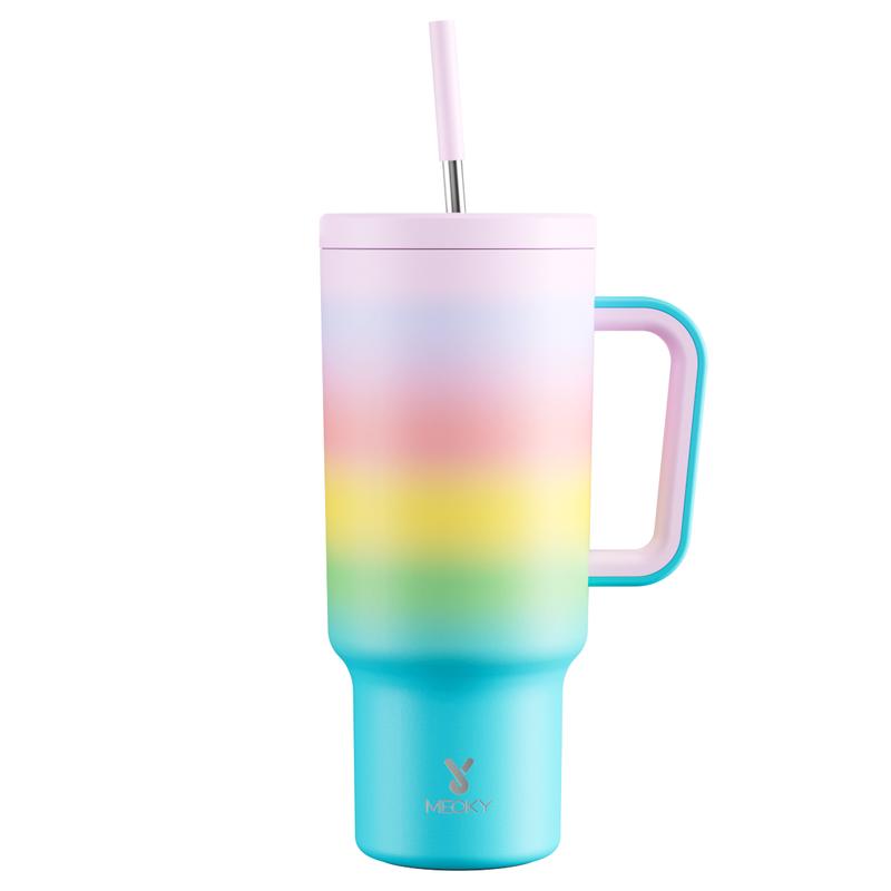 Meoky Large-Capacity Stainless Steel Car Cup, Reusable Stainless Steel Straw, Anti-Slip and Noise-Reducing Silicone Pad, Tumbler Travel Mug/Cold Water for 24 Hours or Hot Water for 8 Hours,Suitable for Sports, Office, Christmas Gifts