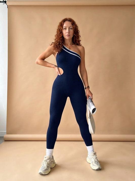 Model wearing the Seamless Athletic Workout Jumpsuit, studio