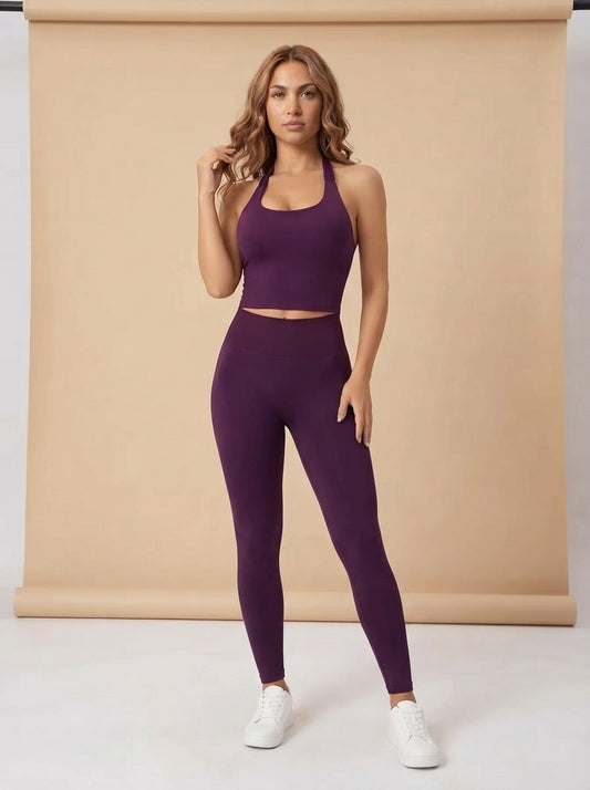 Model wearing the Halter Neck Backless Sports Set, studio
