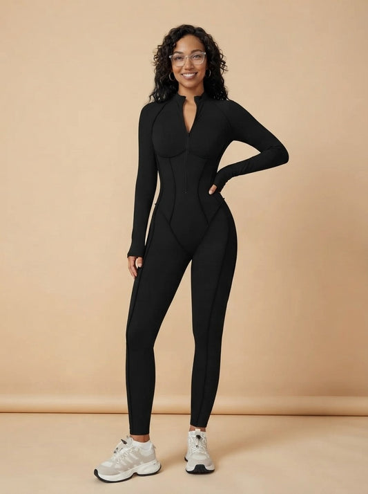 Model wearing the Long Sleeve Workout Onesie, studio