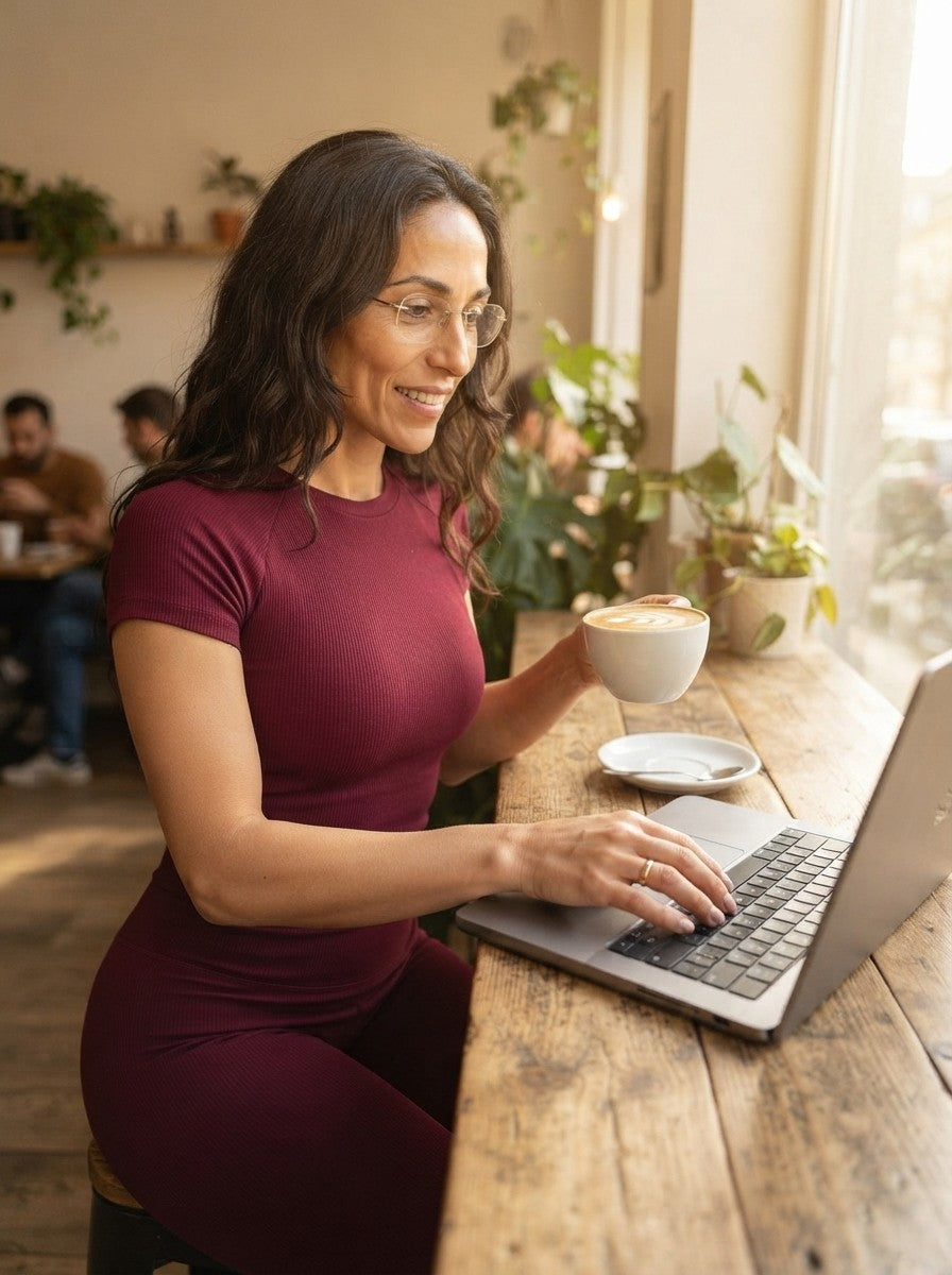 Woman in VERA activewear working on a laptop with a latte in a cafe