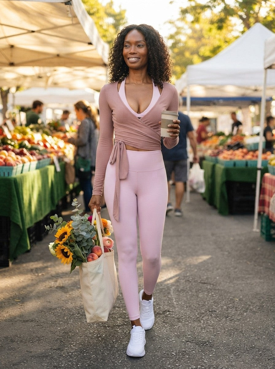 Woman in a VERA wrap top and leggings at a Sunday farmers market
