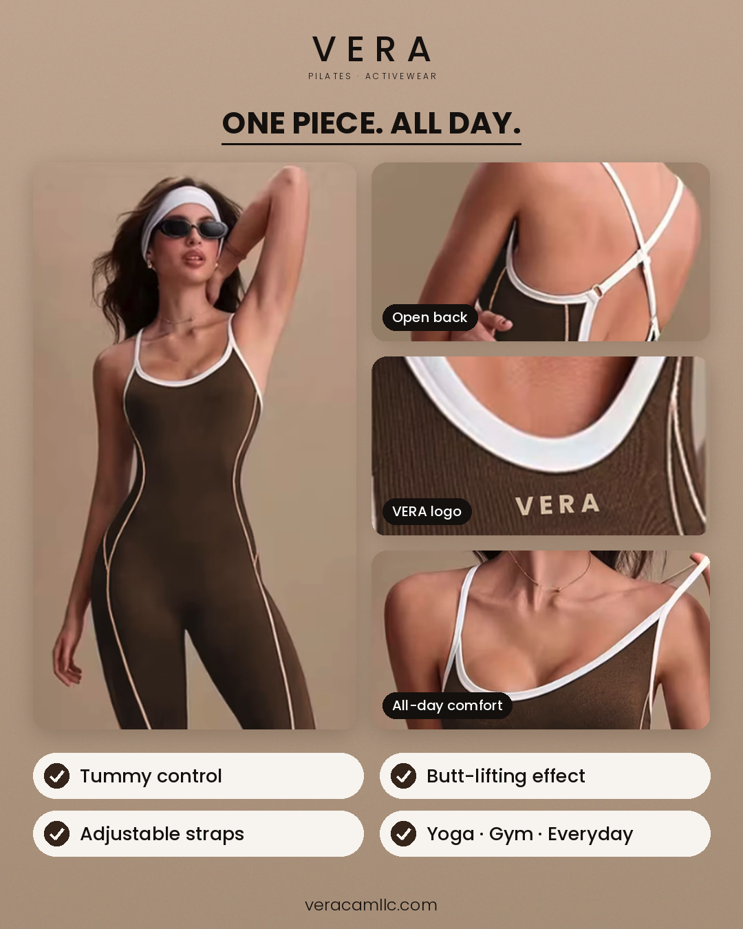 Women'S Brown Tummy Control Yoga Jumpsuit Compression Fit Open Back Cross Strap Workout Bodysuit