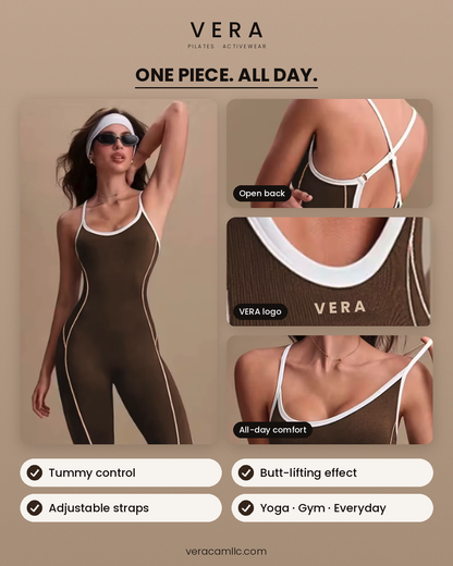 Women'S Brown Tummy Control Yoga Jumpsuit Compression Fit Open Back Cross Strap Workout Bodysuit