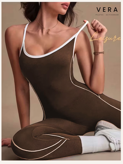 Women'S Brown Tummy Control Yoga Jumpsuit Compression Fit Open Back Cross Strap Workout Bodysuit