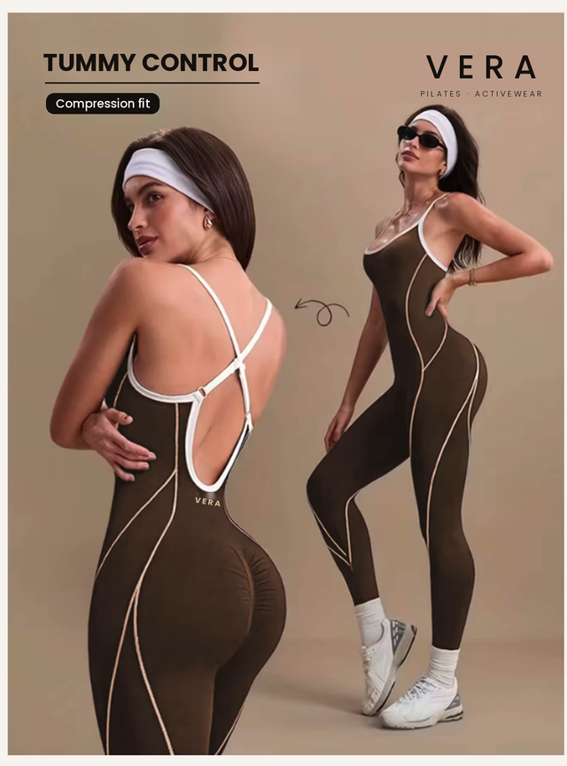 Women'S Brown Tummy Control Yoga Jumpsuit Compression Fit Open Back Cross Strap Workout Bodysuit
