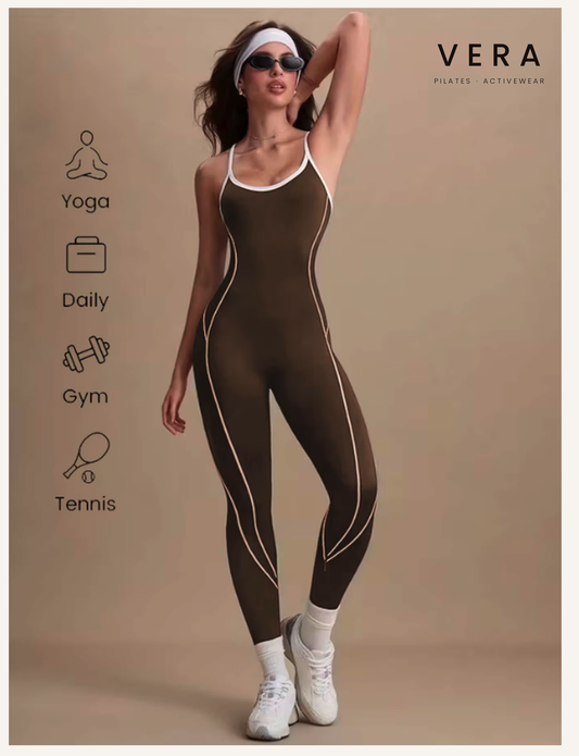 Women'S Brown Tummy Control Yoga Jumpsuit Compression Fit Open Back Cross Strap Workout Bodysuit