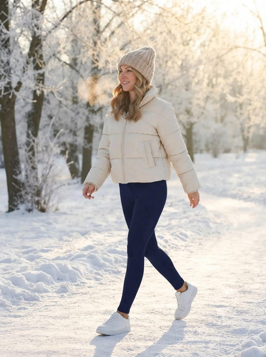 Woman in VERA fleece-lined leggings walking in a snowy park